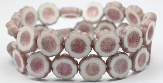 Table Cut Round Beads Hawaii Flowers, Beige Luster Lila (84000-14494), Glass, Czech Republic ~ STRANDED