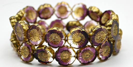 Table Cut Hawaii Flower Beads, Mix Crystal Purple Gold Splash (27008-86720), Glass, Czech Republic ~ STRANDED