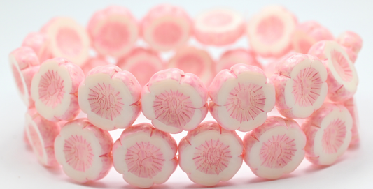 Table Cut Round Beads Hawaii Flowers, Chalk White Warm Purple Spotted (03000-33304), Glass, Czech Republic ~ STRANDED