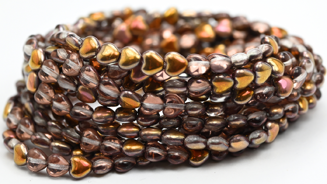 Heart Pressed Glass Beads, Crystal Rose Gold Capri (66-00030-27101), Glass, Czech Republic ~ STRANDED