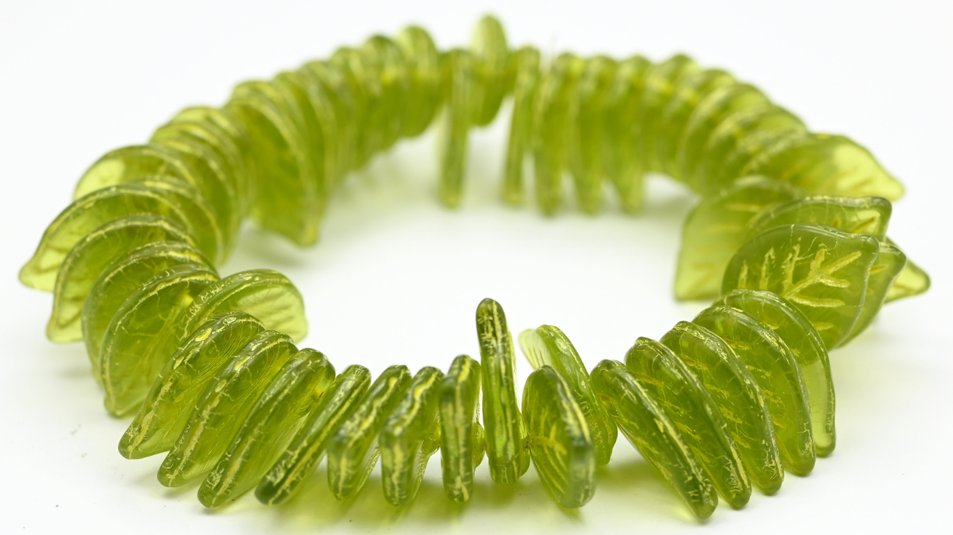 Leaf Pressed Glass Beads, Transparent Green 54320 (50220-54320), Glass, Czech Republic ~ STRANDED