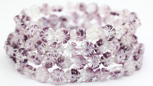 Hawaii Flower Pressed Glass Beads, Mix Crystal Purple White Lined (27008-46401), Glass, Czech Republic ~ STRANDED
