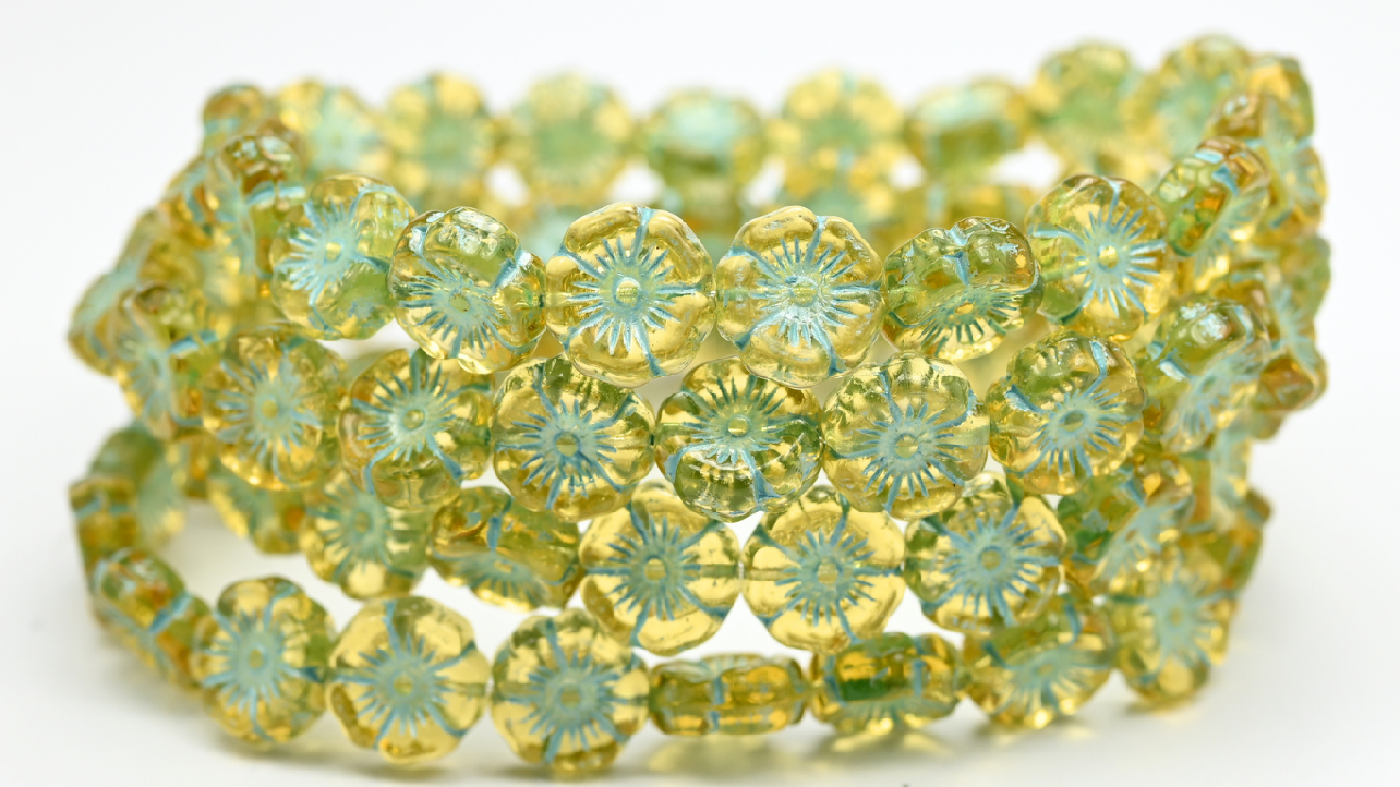 夏威夷花形压制玻璃珠，透明橘蓝色内衬（10040-54323），玻璃，捷克共和国 ~ 串珠