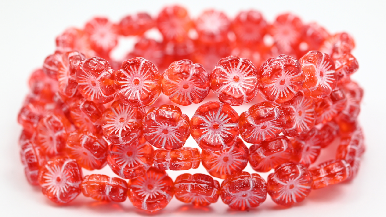 夏威夷花形压制玻璃珠，透明橘色白芯（9002008-46401），玻璃，捷克共和国 ~ 串珠