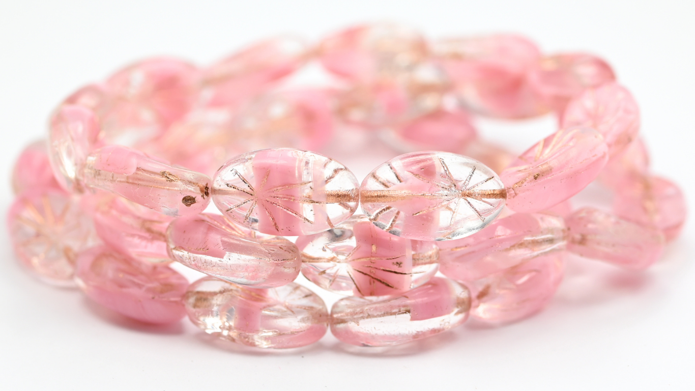 Oval With Rays Pressed Glass Beads, Opaque Pink Copper Lined (76028-54200), Glass, Czech Republic ~ STRANDED