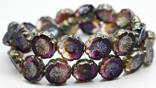 Table Cut Round Beads Hawaii Flowers, Mix Crystal Purple Rembrandt Travertin (27008-43500), Glass, Czech Republic ~ STRANDED
