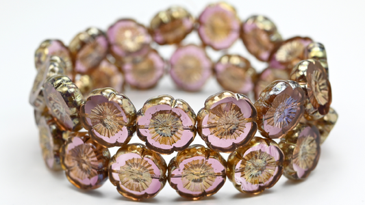 Table Cut Round Beads Hawaii Flowers, Transparent Light Amethyst Rembrandt Travertin (2004002-43500), Glass, Czech Republic ~ STRANDED