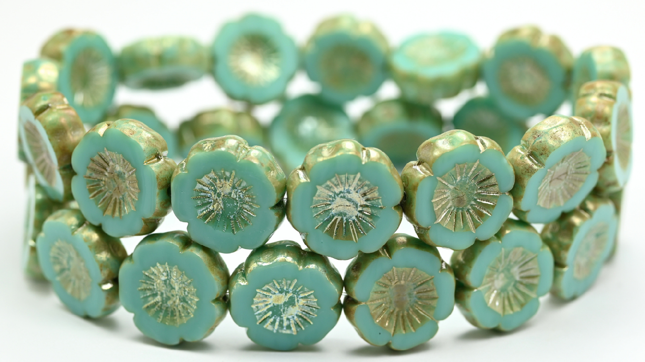 Table Cut Round Beads Hawaii Flowers, Turquoise Rembrandt Travertin (63130-43500), Glass, Czech Republic ~ STRANDED