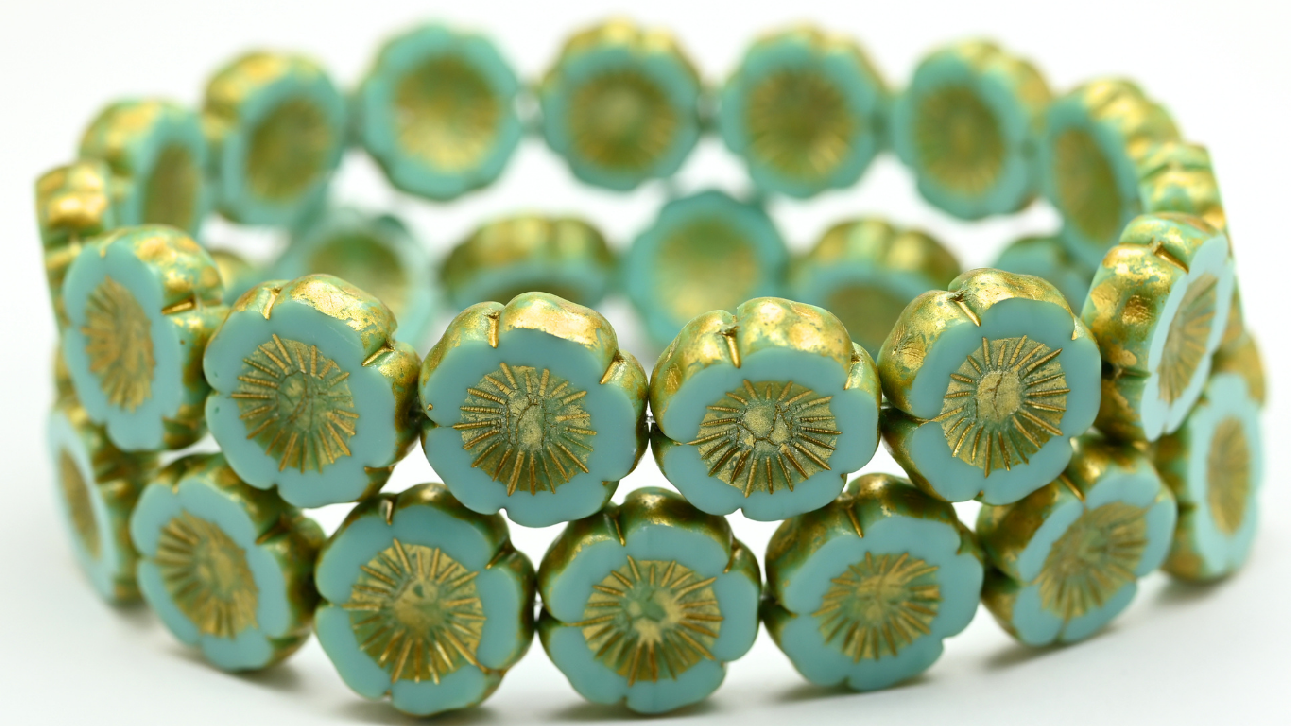 Table Cut Round Beads Hawaii Flowers, Turquoise Gold Splash (63130-86720), Glass, Czech Republic ~ STRANDED