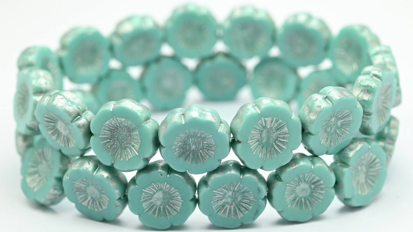 Table Cut Round Beads Hawaii Flowers, Turquoise Silver Splash (63130-86700), Glass, Czech Republic ~ STRANDED