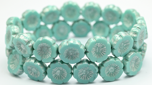 Table Cut Round Beads Hawaii Flowers, Turquoise Silver Splash (63130-86700), Glass, Czech Republic ~ STRANDED