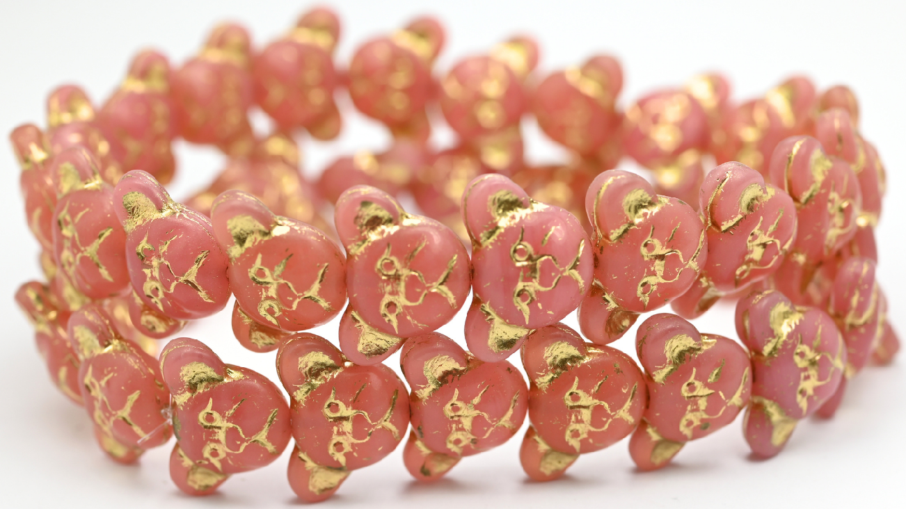 悲伤熊口套珠，蛋白石粉色描金 (1419-71010-54202)，玻璃，捷克共和国 ~ 串珠