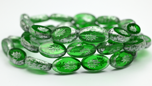 Table Cut Oval Beads With Rays, Transparent Green Emerald Silver Splash (50150-86700), Glass, Czech Republic ~ STRANDED
