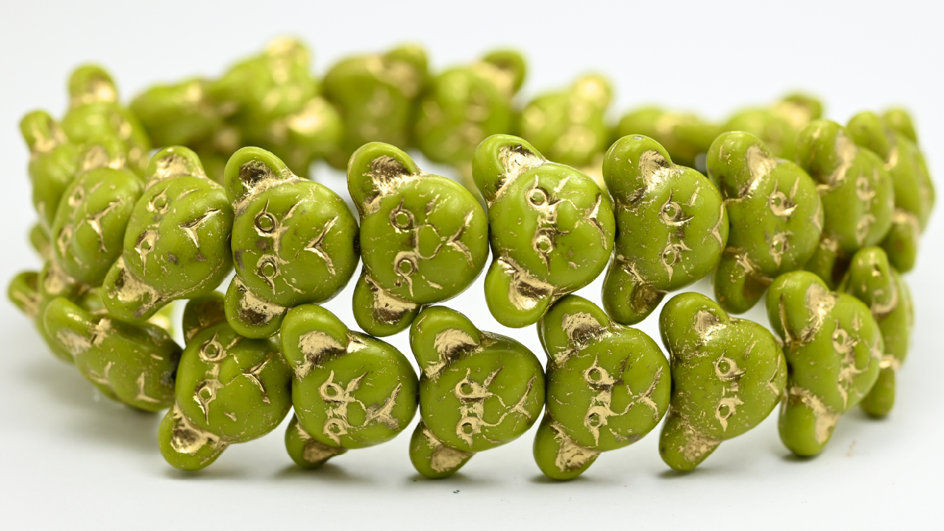 Sad Bear Muzzle Beads, Opaque Green Gold Lined (1419-53400-54202), Glass, Czech Republic ~ STRANDED