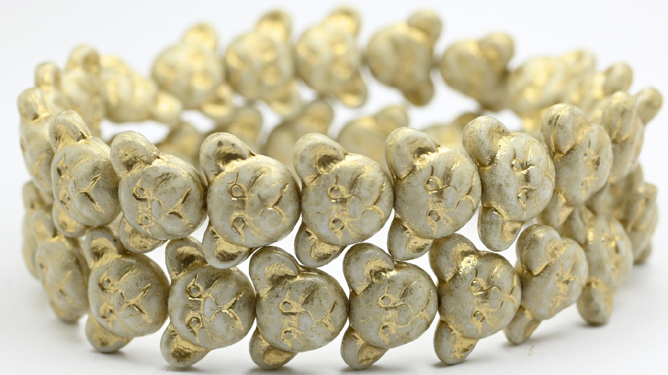 Sad Bear Muzzle Beads, White Beige Spotted Gold Lined (1419-02010-33312-54202), Glass, Czech Republic ~ STRANDED