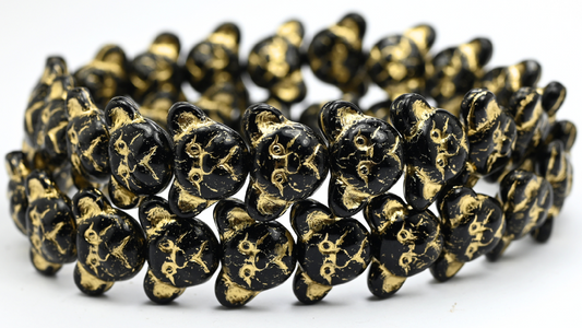 Sad Bear Muzzle Beads, Black Gold Lined (1419-23980-54202), Glass, Czech Republic ~ STRANDED