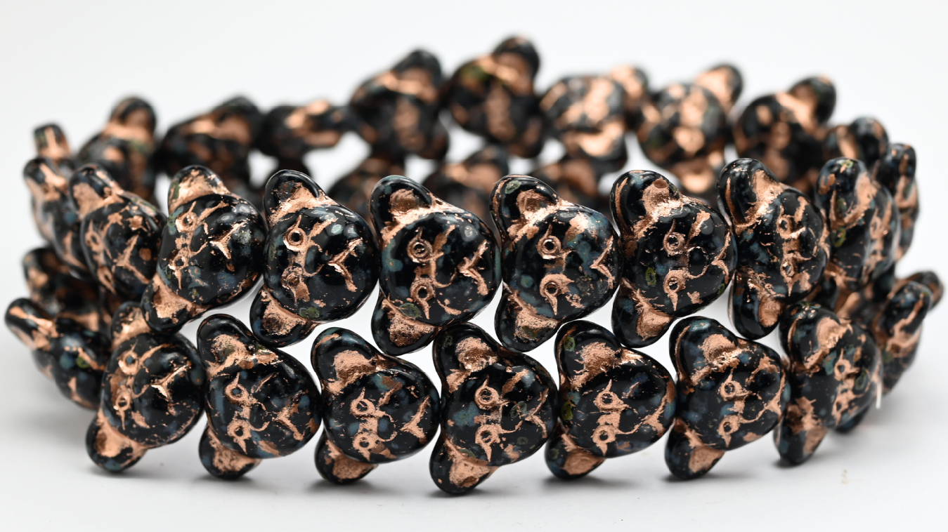 Sad Bear Muzzle Beads, Black Travertin Copper Lined (1419-23980-86-54200), Glass, Czech Republic ~ STRANDED