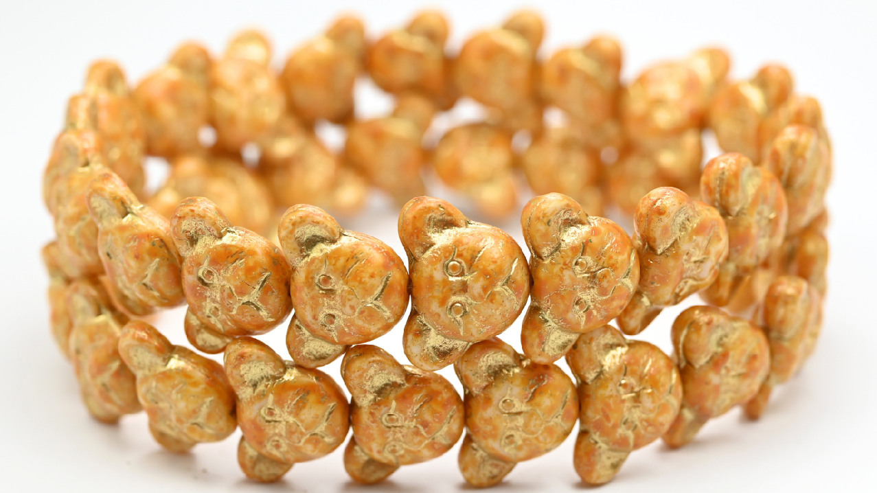 Sad Bear Muzzle Beads, White Orange Spotted Gold Lined (1419-02010-33302-54202), Glass, Czech Republic ~ STRANDED