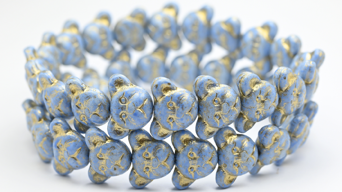 Sad Bear Muzzle Beads, White Blue Spotted Gold Lined (1419-02010-33308-54202), Glass, Czech Republic ~ STRANDED