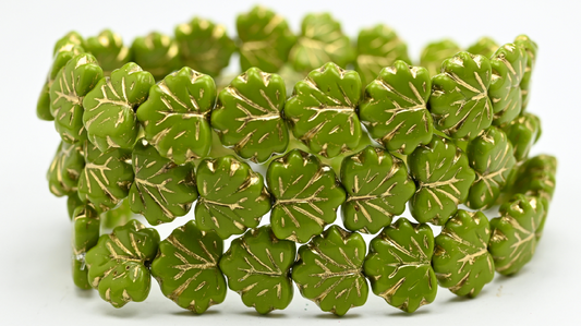 Maple Leaf Beads, Green Gold Lined (1311-53420-54202), Glass, Czech Republic ~ STRANDED