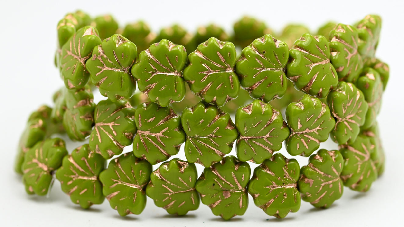 Maple Leaf Beads, Green Copper Lined (1311-53420-54200), Glass, Czech Republic ~ STRANDED
