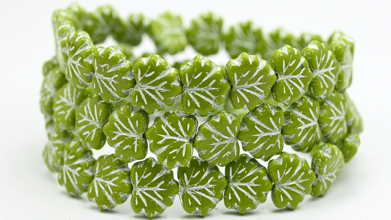 Maple Leaf Beads, Green White Lined (1311-53420-46401), Glass, Czech Republic ~ STRANDED