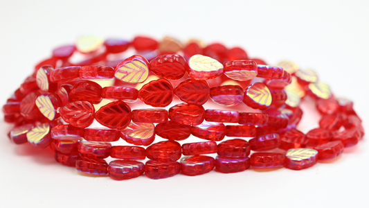Lilac Leaf Pressed Glass Beads, Ruby Red Ab (108-90080-AB), Glass, Czech Republic ~ STRANDED