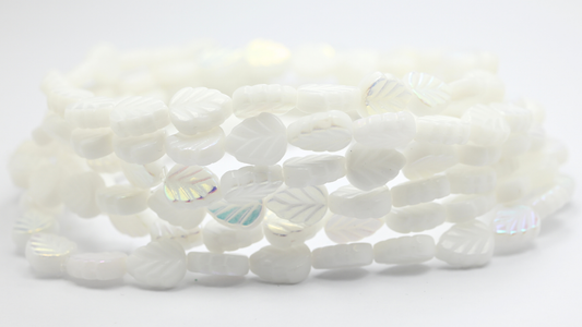 Lilac Leaf Pressed Glass Beads, White Ab (108-02010-AB), Glass, Czech Republic ~ STRANDED