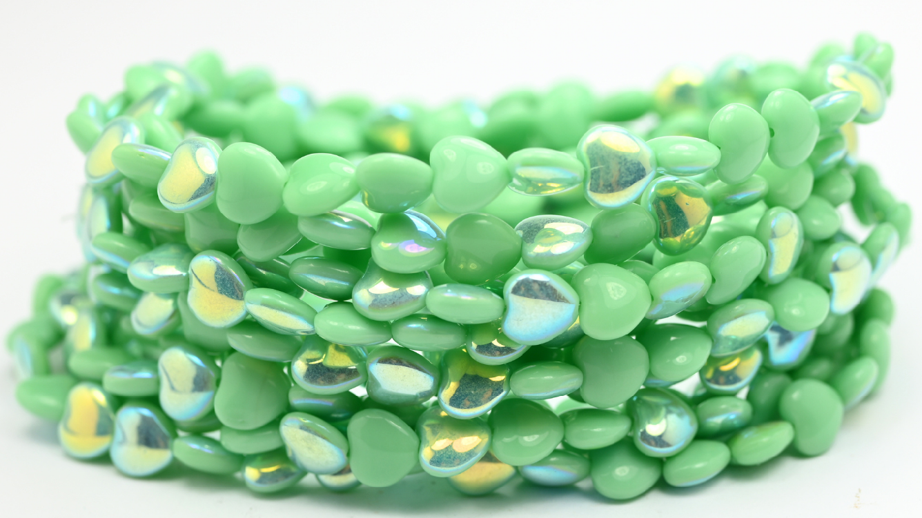 Heart Pressed Glass Beads, Opaque Green Ab (88-53120-AB), Glass, Czech Republic ~ STRANDED