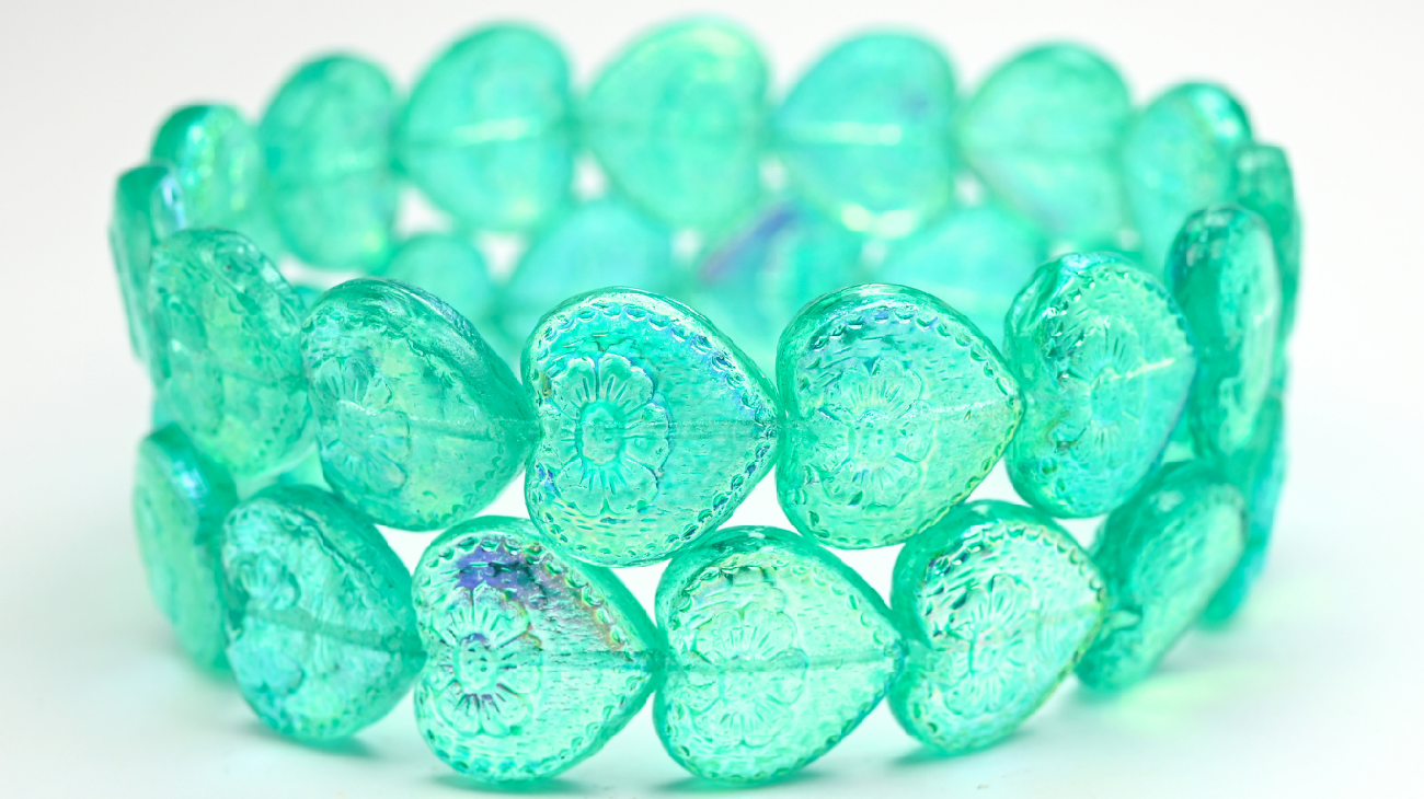 Heart With Flower Pressed Glass Beads, Crystal Light Turquoise Ab (1817-00030-34309-AB), Glass, Czech Republic ~ STRANDED