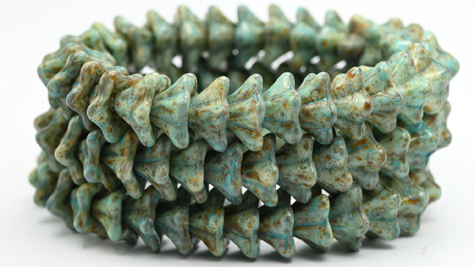 Bell Flower Pressed Glass Beads, White Travertin Turqouise Spotted (02010-86-33309), Glass, Czech Republic ~ STRANDED