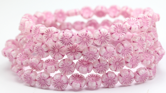 Hawaii Flower Pressed Glass Beads, 86000 Pink Lined (86000-54321), Glass, Czech Republic ~ STRANDED