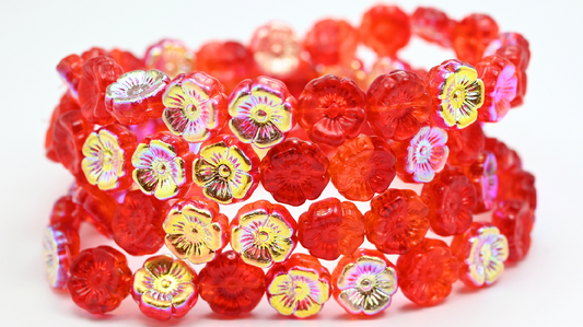 Hawaii Flower Pressed Glass Beads, Transparent Orange Ab (9002008-AB), Glass, Czech Republic ~ STRANDED