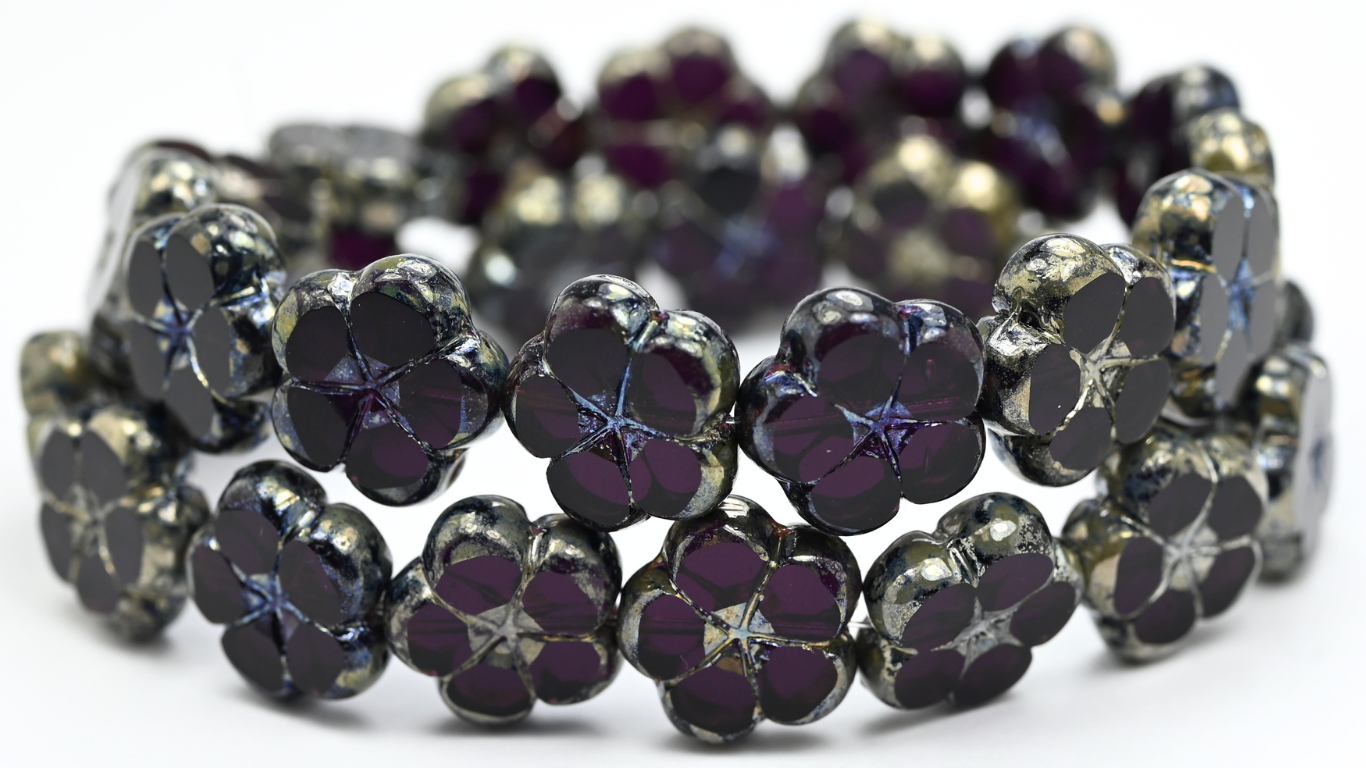 Table Cut Flower Beads, Transparent Amethyst Picasso (20080-43400), Glass, Czech Republic ~ STRANDED
