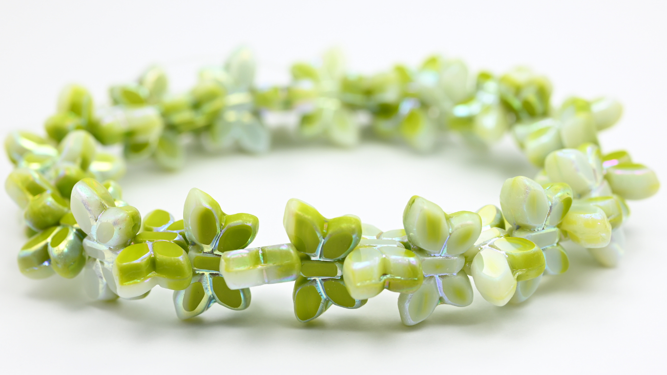 Table Cut Butterfly Beads, Opaque Green Ab Full (2X Side) (5340001000-AB2X), Glass, Czech Republic ~ STRANDED