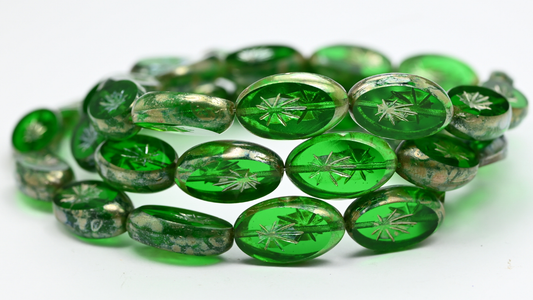 Table Cut Oval Beads With Rays, Transparent Green Emerald Rembrandt Travertin (50150-43500), Glass, Czech Republic ~ STRANDED