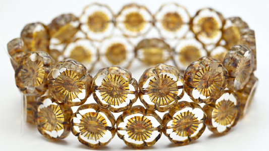 Table Cut Round Beads Hawaii Flowers, Crystal Travertin Beige Spotted (00030-86-33312), Glass, Czech Republic ~ STRANDED