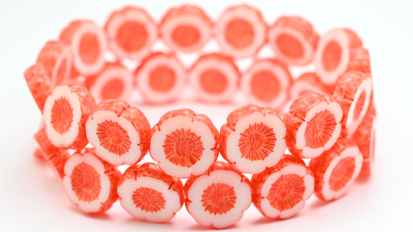 Table Cut Round Beads Hawaii Flowers, Chalk White Beige Orange Spotted (03000-33307), Glass, Czech Republic ~ STRANDED