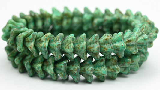 Bell Flower Pressed Glass Beads, White Travertin Turqouise Spotted (02010-86-33310), Glass, Czech Republic ~ STRANDED