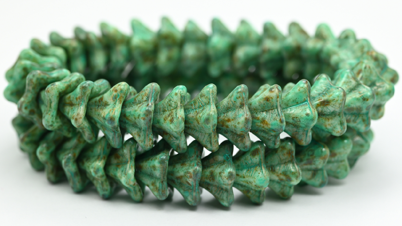 Bell Flower Pressed Glass Beads, White Travertin Turqouise Spotted (02010-86-33310), Glass, Czech Republic ~ STRANDED