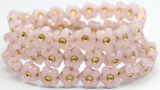Simple Flower Pressed Glass Beads, Opal Pink Gold Lined (11-72200-54202), Glass, Czech Republic ~ STRANDED