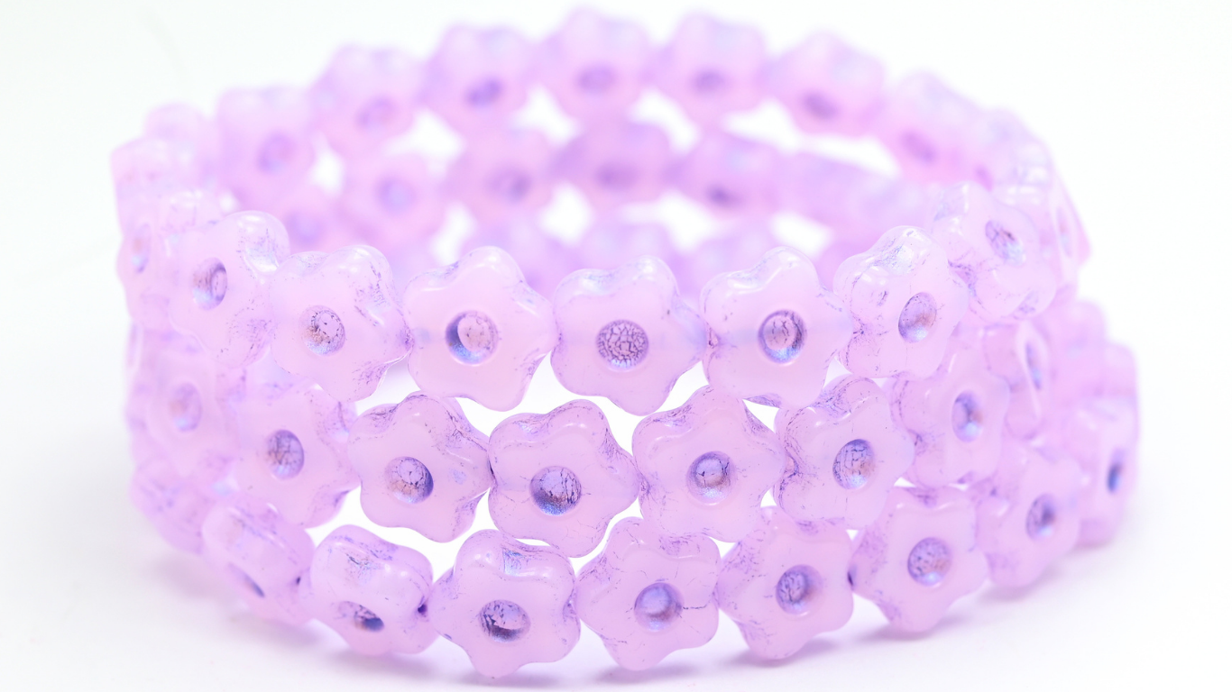 Simple Flower Pressed Glass Beads, Opal Pink Blue Purple Lined (11-72200-43809), Glass, Czech Republic ~ STRANDED