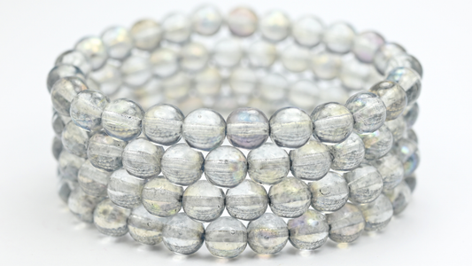 Round Pressed Glass Beads Druck, Crystal Light Gray Ab (8-00030-34311-AB), Glass, Czech Republic ~ STRANDED