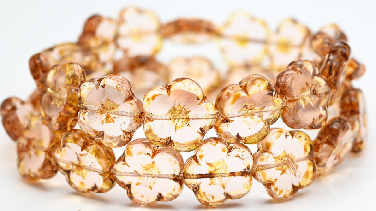 Table Cut Flower Beads, Transparent Pink Travertin (70100-86800), Glass, Czech Republic ~ STRANDED