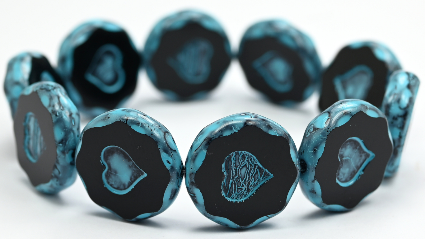Table Cut Round Beads With Heart, Black Turqouise Spotted (23980-33309), Glass, Czech Republic ~ STRANDED