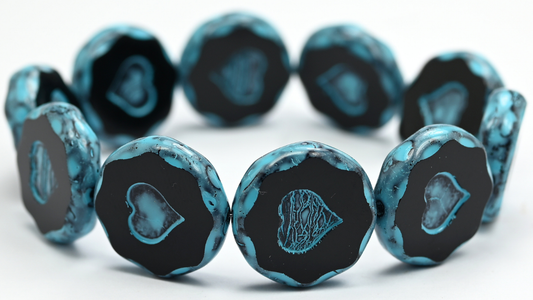 Table Cut Round Beads With Heart, Black Turquoise Spotted (23980-33309), Glass, Czech Republic ~ 串珠