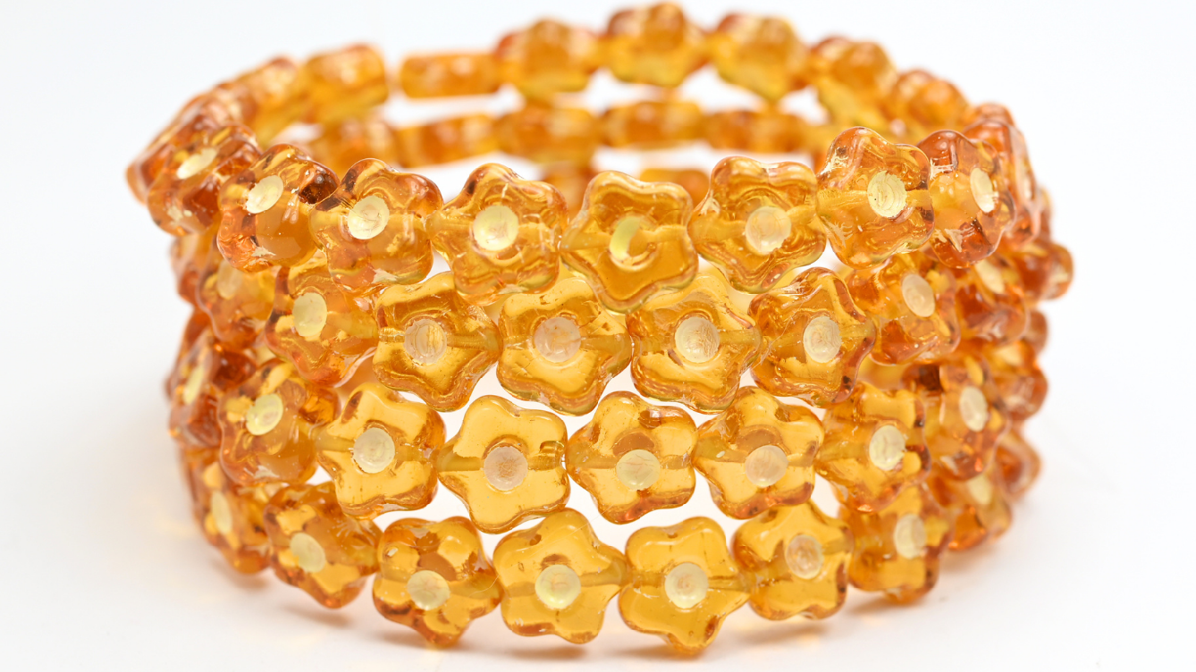 Simple Flower Pressed Glass Beads, Transparent Orange Beige Lined (11-10060-54311), Glass, Czech Republic ~ STRANDED