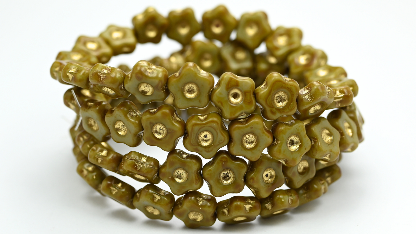 Simple Flower Pressed Glass Beads, Opaque Gray Travertin 54202B (11-43020-86-54202B), Glass, Czech Republic ~ STRANDED