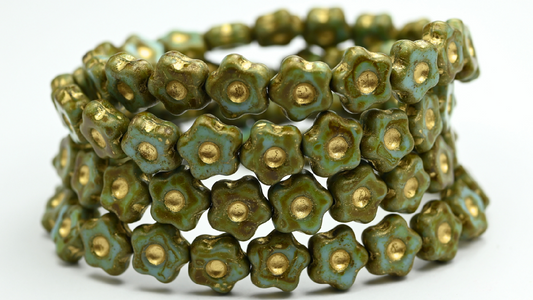 Simple Flower Pressed Glass Beads, Blue Travertin Gold Lined (11-63020-86-54202), Glass, Czech Republic ~ STRANDED