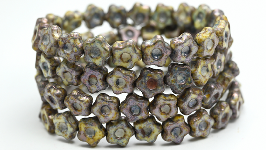 Simple Flower Pressed Glass Beads, White Senegal Blue (11-02010-15664), Glass, Czech Republic ~ STRANDED